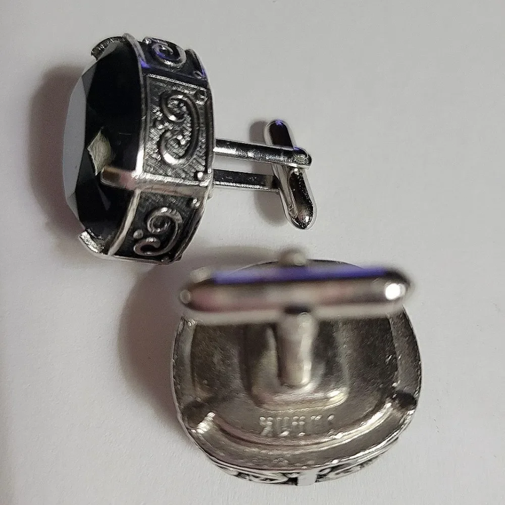 Swank Men's Silvertone Round Green Stone Cufflinks